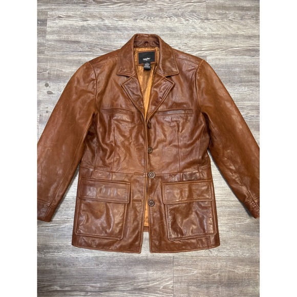 Vintage Womens Leather Jacket Brown Blazer Style Pockets Button Front Coat M - Picture 1 of 5